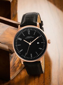 French Connection - Black Leather Round Watch FCN0163BL (Medium)