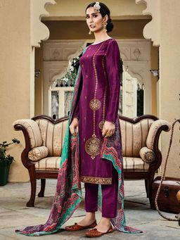 Stylee LIFESTYLE - Wine Silk Jacquard Dress Material (Set of 3)
