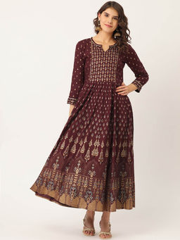 Maaesa - Women Rayon Gold Printed & Gota Work A-Line Dress Maroon