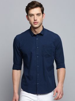 SHOWOFFFF - Mens Spread Collar Checked Navy Blue Classic Shirt