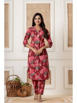 Benaaz - Maroon Printed & Katha Work Cotton Straight V Neck Kurta & Pant (Set of 2)