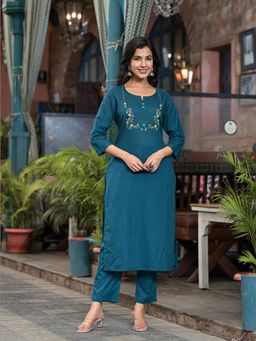 Benaaz - Steel Blue Hand Work Cotton Straight Round Neck Kurta & Pant (Set of 2)