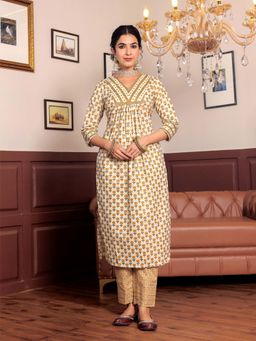 GULAB CHAND TRENDS - Printed Cotton Kurta with Trouser Highlighted with Gotta Lace (Set of 2)
