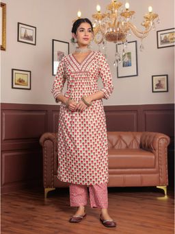 GULAB CHAND TRENDS - Printed Cotton Kurta with Trouser Highlighted with Gotta Lace (Set of 2)