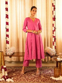 Akiso - Solid Pink Panelled Anarkali Kurta with Straight Pant (Set of 2)