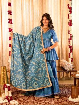 Akiso - Solid Blue Tiered Peplum Short Kurta with Tiered Sharara & Printed Dupatta (Set of 3)