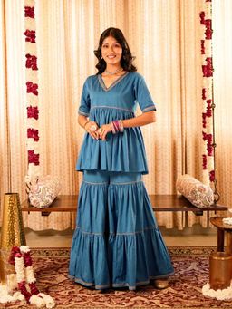 Akiso - Solid Blue Peplum Short Kurta with Tiered Sharara (Set of 2)