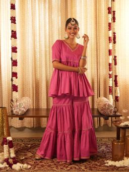 Akiso - Solid Pink Tiered Peplum Short Kurta with Straight Pant (Set of 2)