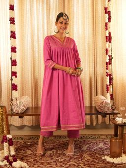 Akiso - Solid Pink Long Anarkali Kurta with Straight Pant (Set of 2)