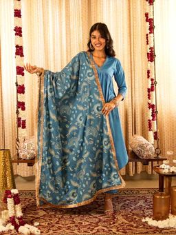 Akiso - Solid Blue Gathered A-Line Kurta with Straight Pant & Printed Dupatta (Set of 3)
