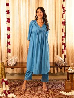 Akiso - Solid Blue Gathered A-Line Kurta with Straight Pant (Set of 2)