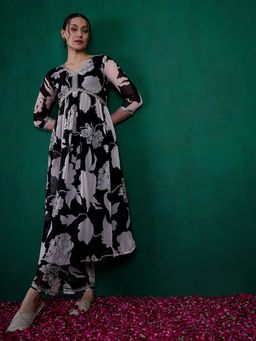 KVS FAB - Black Zari Sequinned with Digital Printed Alia Cut Kurta with Trouser (Set of 2)