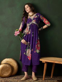 KVS FAB - Purple Printed & Zari Sequence Alia Cut A-Line Kurta with Trouser (Set of 2)