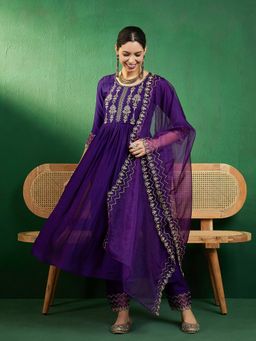 KVS FAB - Purple Vichitra Silk Zari Kurta Pant with Organza Dupatta (Set of 3)