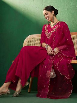 KVS FAB - Rose Pink Vichitra Silk Zari Sequence A-Line Kurta with Trouser & Dupatta (Set of 3)