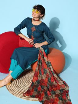 KVS FAB - Blue Hand Weaving Kurta with Trousers & Bandhani Dupatta (Set of 3)