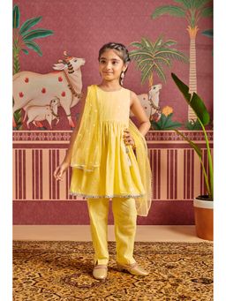 MASTARANG - Girls Yellow Zari Work Anarkali Kurta with Pant & Dupatta (Set of 3)