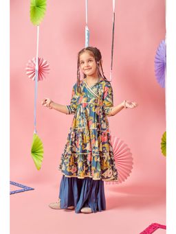 MASTARANG - Girls Navy Blue Floral Tiere Kurta with Sharara (Set of 2)