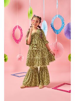 MASTARANG - Girls Green Printed Kurta with Sharara & Jacket (Set of 3)