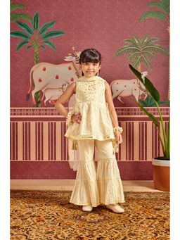 MASTARANG - Girls Off White Cotton Kurta with Sharara & Dupatta (Set of 3)