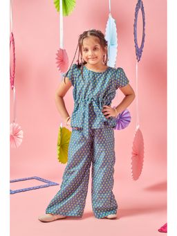 MASTARANG - Girls Blue Printed Waist Tie Co-Ord (Set of 2)