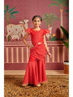 MASTARANG - Girls Red Embroidered Top with Sharara & Attached Dupatta (Set of 2)