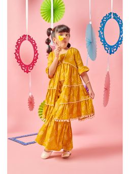 MASTARANG - Girls Yellow Printed Top with Sharara & Jacket (Set of 3)