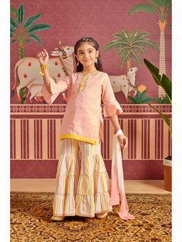 MASTARANG - Pink Embroidered Lurex Short Kurti with Sharara & Dupatta (Set of 3)
