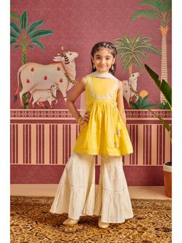 MASTARANG - Girls Yellow Embroidered Kurta with Sharara & Dupatta (Set of 3)