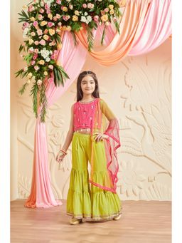 MASTARANG - Girls Pink & Green Embroidered Top with Sharara & Dupatta (Set of 3)