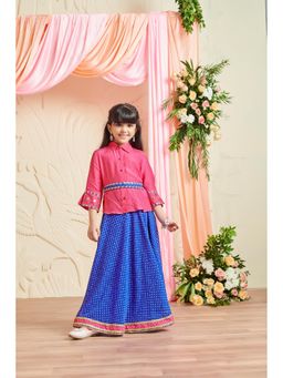 MASTARANG - Girls Pink & Blue Printed Shirt with Skirt & Belt (Set of 3)