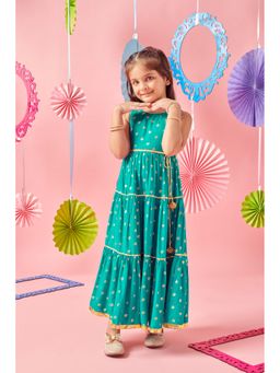 MASTARANG - Girls Green All Over Print Dress with Belt (Set of 2)