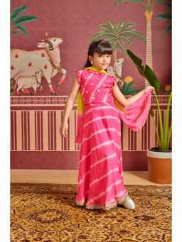 MASTARANG - Girls Pink Lehariya Choli with Lehenga & Dupatta (Set of 3)