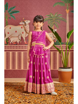 MASTARANG - Girls Pink Self Design Lehenga Choli with Dupatta & Belt (Set of 4)