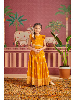 MASTARANG - Girls Mustard Pink Self Design Lehenga Choli with Dupatta & Belt (Set of 4)