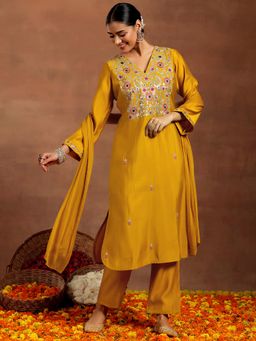 Gerua By Libas - Women Mustard Embroidered Kurta with Pant and Dupatta