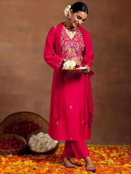 Gerua By Libas - Pink Silk Blend Yoke Design Straight Kurta and Trouser with Dupatta