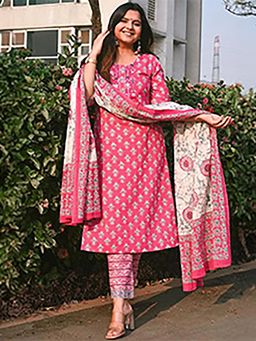 Libas - Printed Pink Kurta and Pant with Dupatta (Set of 3)