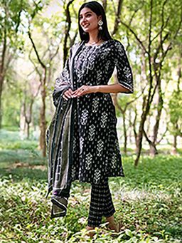 Libas - Printed Black Kurta and Pant with Dupatta (Set of 3)