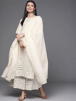 Libas - Embroidered Off White Kurta and Palazzo with Dupatta (Set of 3)