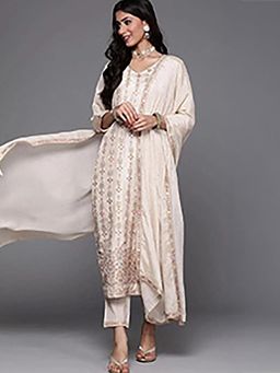 Libas - Embroidered Beige Kurta and Pant with Dupatta (Set of 3)