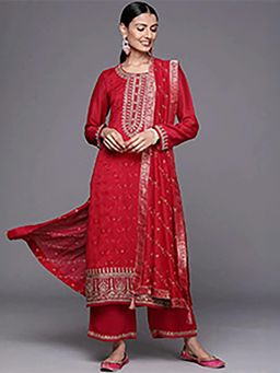 Libas - Embroidered Magenta Kurta and Palazzo with Dupatta (Set of 3)