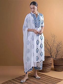 Libas - Floral White Kurta and Palazzo with Dupatta (Set of 3)