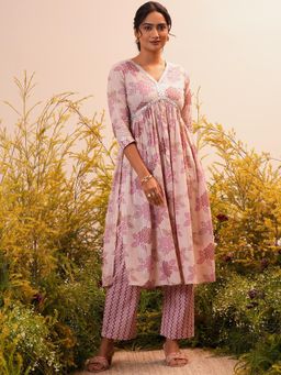 Libas - Women Pink Pure Cotton Floral Printed Flared Kurta with Pant (Set of 2)