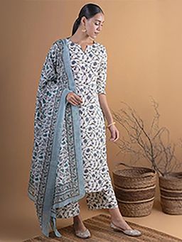 Libas - Women Off White Floral Kurta with Palazzo and Dupatta (Set of 3)