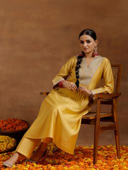 Libas - Women Mustard Embroidered Kurta with Pant (Set of 2)