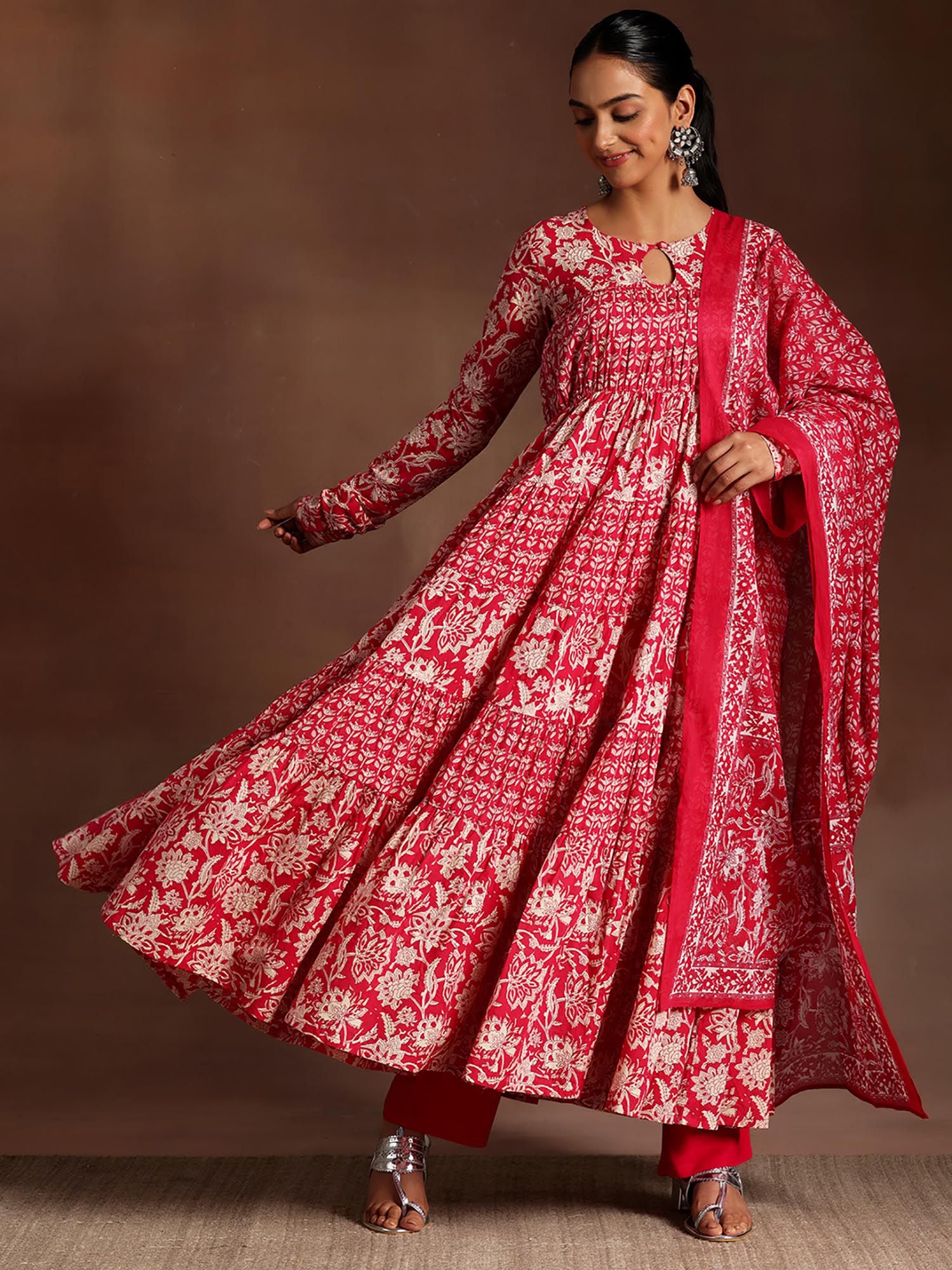 libas Women Pink Floral Anarkali Kurta with Pant and Dupatta (Set of 3)-picture-23