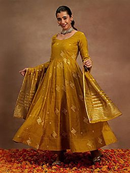 Libas - Mustard Woven Anarkali Kurta Pant with Dupatta (Set of 3)