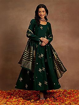 Libas - Green Chanderi Silk Woven Anarkali Kurta & Silk Blend Palazzo with Dupatta (Set of 3)