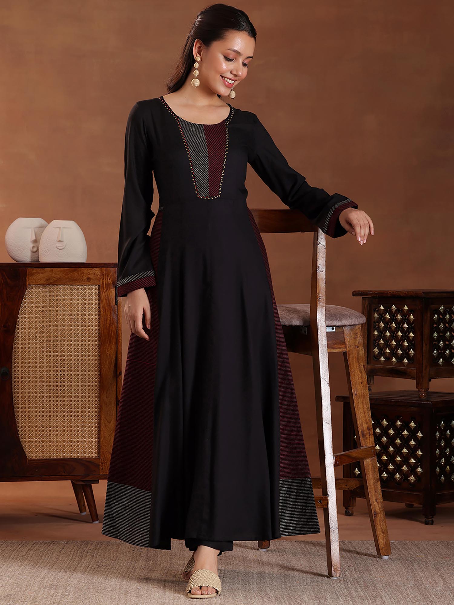 libas Black Self Design Panelled A-Line Anarkali Kurta with Lining & Pant (Set of 2)-picture-14